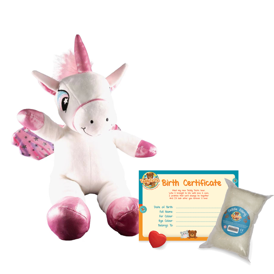 Candy The Flying White Unicorn make-a-bear kit with birth certificate, wishing heart and cuddle filling