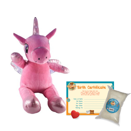 Faith The Flying Pink Unicorn make-a-bear kit with birth certificate, wishing heart and cuddle filling