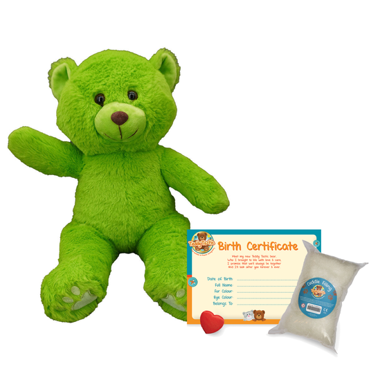 Grizzly the Grouchy Green Bear make-a-bear kit with birth certificate, wishing heart and cuddle filling