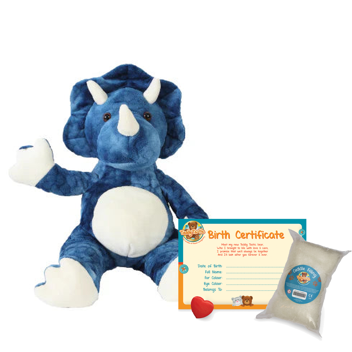 Tyson the Blue Triceratops make-a-bear kit with birth certificate, wishing heart and cuddle filling